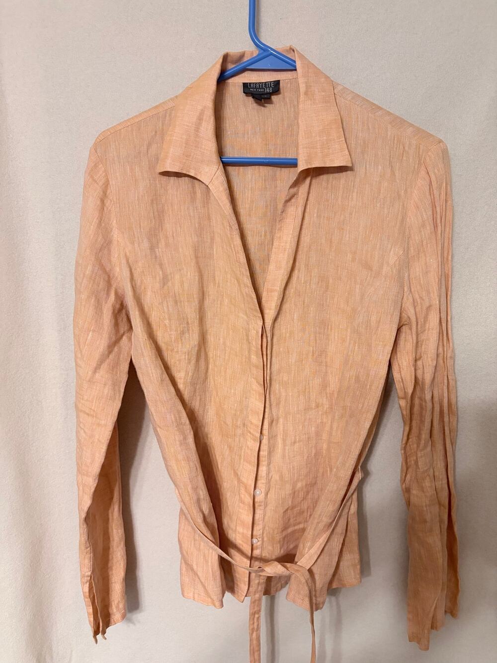 Lafayette 148 NY Coral Peach 100% Linen Side Tie Blouse Shirt